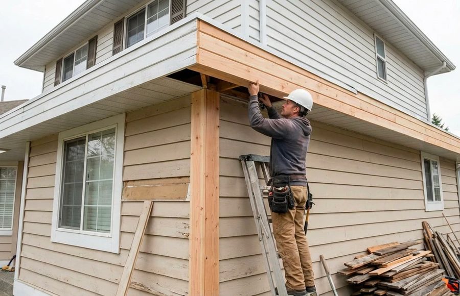 Carpenter installing new wood fascia and trim on a house exterior