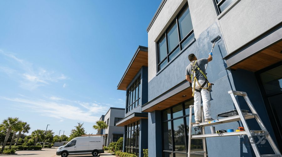 Commercial painter applying coating to a modern office building exterior