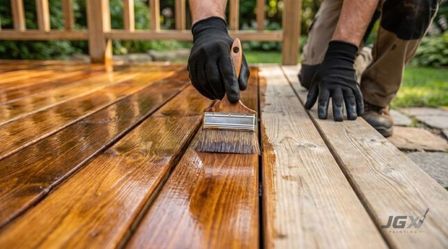 Staining wood deck boards by hand with a paintbrush